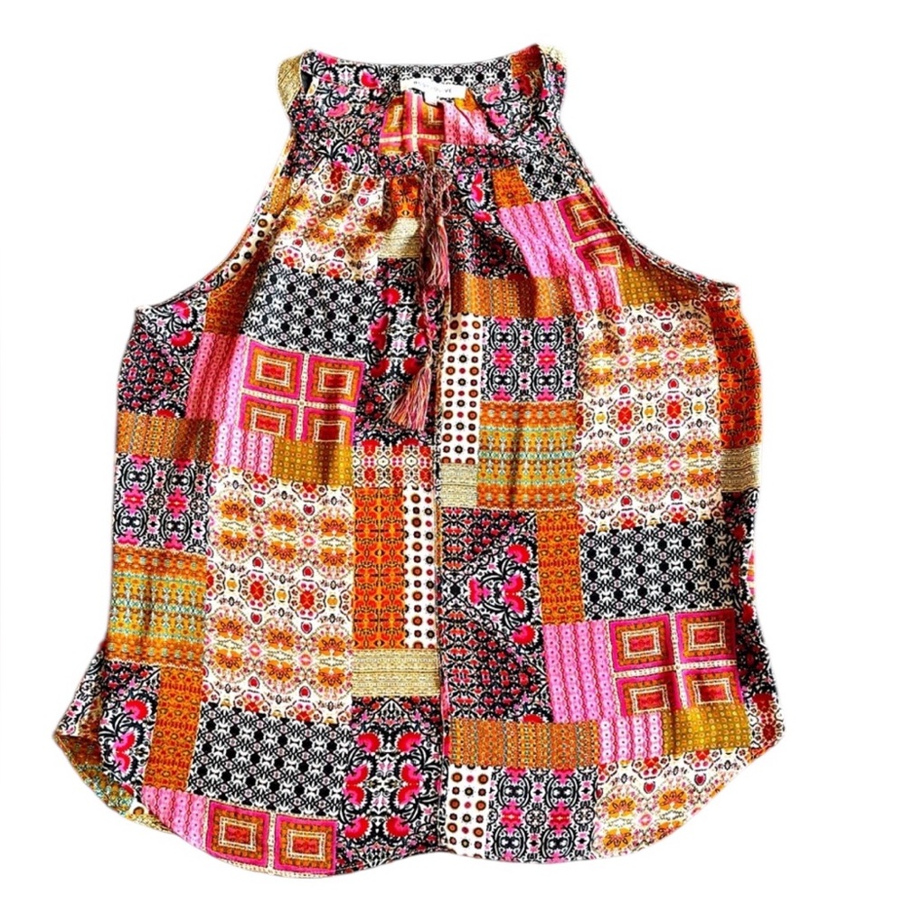 Rose + Olive Patchwork High-Neck Sleeveless Blouse – Size XL
